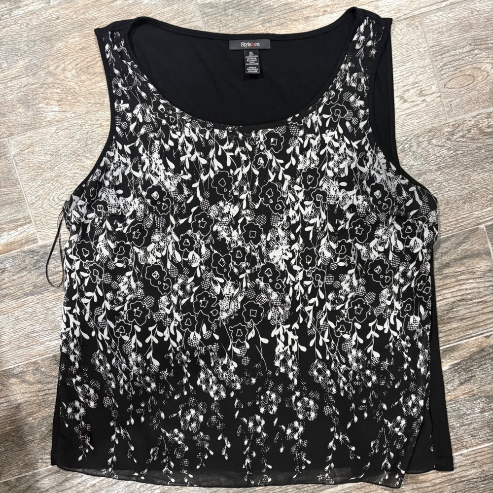 Style & Co Women's XL Black White Floral Sleeveless Tank Top Boho Whimsigoth